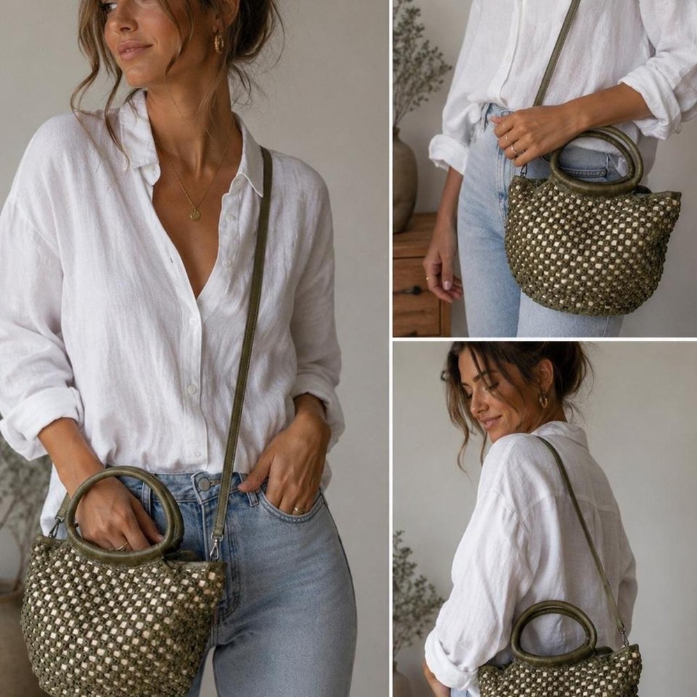 Olive Green Genuine Leather Woven Crossbody Bag – Boho Coastal Basket Purse